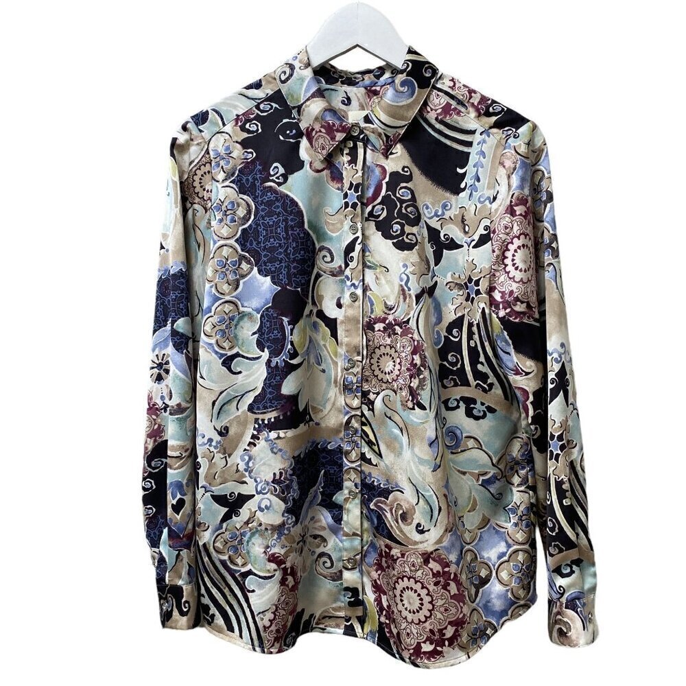 CHICO'S Blouse Medium (Chicos 1) Mystic Mix Blue Floral Polyester Long Sleeve